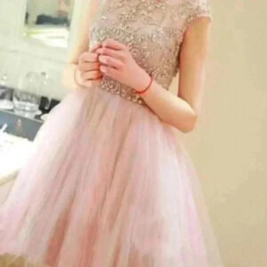 Girls  Pink Blush Gold Embroidered Applique Rhinestones Bodice & Tulle Dress 14